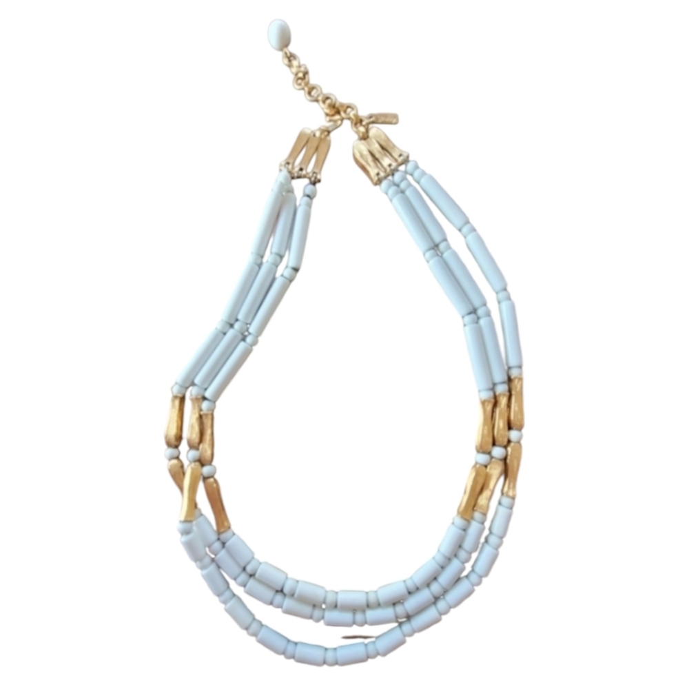 Vintage Monet Three Strand White and Metallic Gold Lucite Tube Beaded Necklace